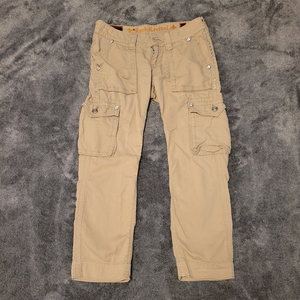 Rock Revival Pants Womens Size 24 (28x22) Sand Cropped Low Rise Jeweled Cargo
